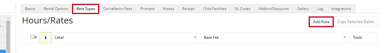 Rate Types tab with the Add Rate button highlighted.