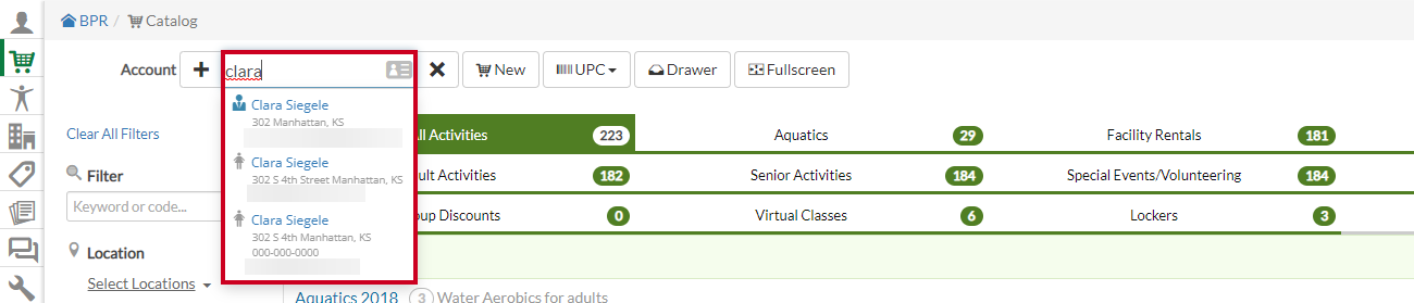 Account search field and option selection.