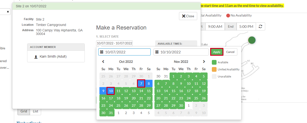 date selection calendar for reservations and apply button.