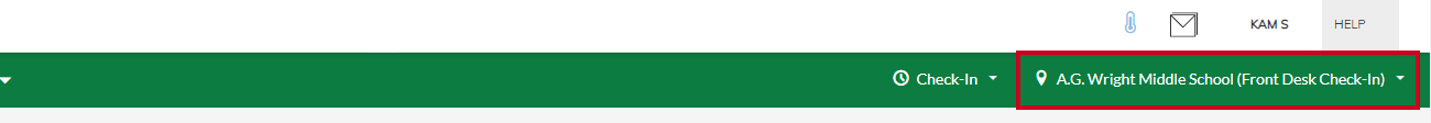 Selected location drop-down menu for AG Wright Middle School Front Desk Check-In.