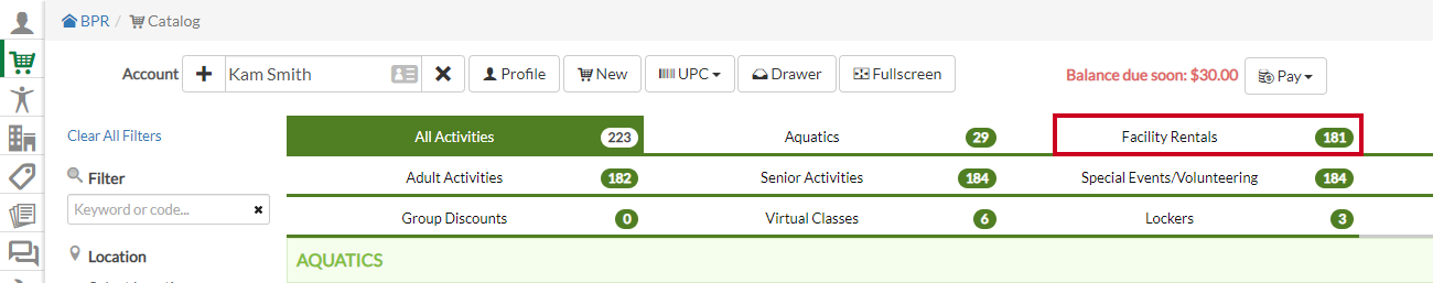 Facility rentals tab in the catalog.
