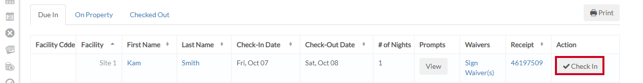 the reservation's check in button.