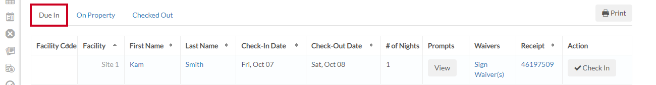 The Due In tab of reservations.