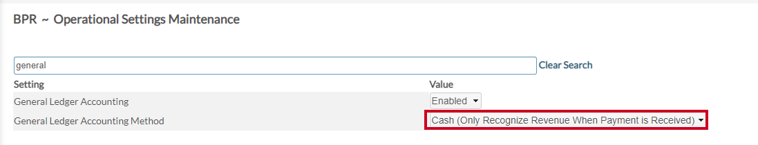 general ledger accounting method drop-down menu.